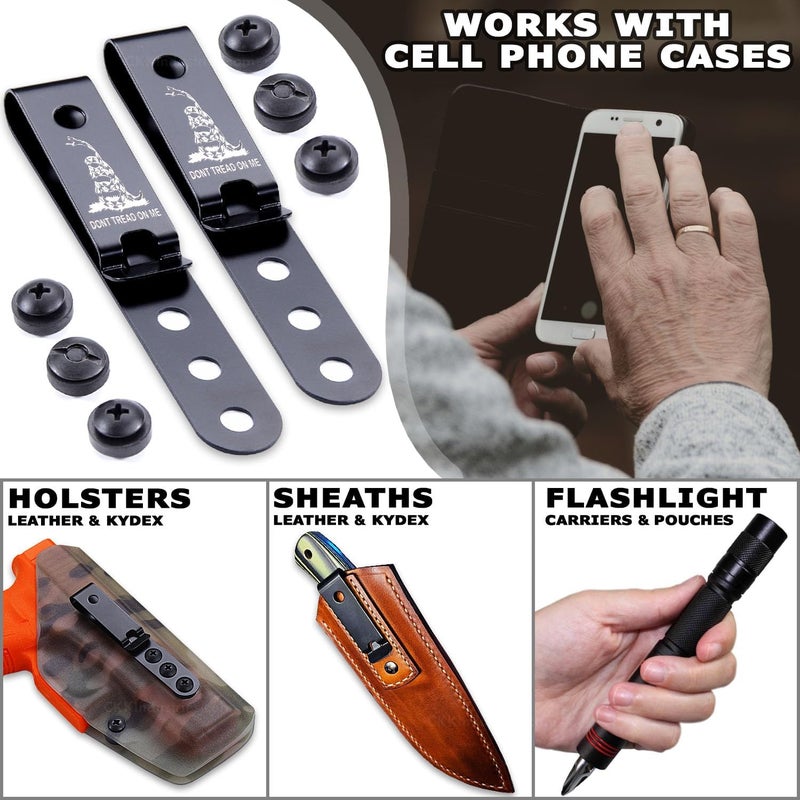 Holstex HolsterSmith Universal Metal Belt Clip for Holster Making - (Model 5) - (3-Hole) - (Tactical Black) - (w/Don’t Tread On Me Engraving) - (w/Mounting Hardware) - (2 Pack) - Image 2
